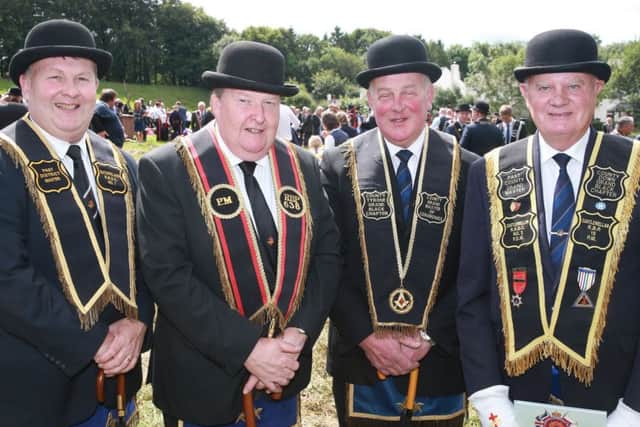 Sir Knights, Harold Henning, Rathfriland No7, Robert Bready, RBP 638, Edward Stevenson, Co.Tyrone and John Smyth, Past County Grand Master Co.Down attending The County Fermanagh Grand Black Chapter Annual Parade in Ballinamallard, Co. Fermanagh. 
Picture by John McVitty