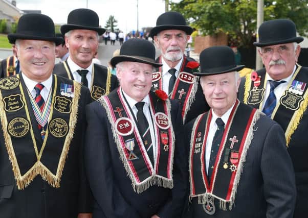 Sir Knights Andrew McRoberts, Imperial Deputy Grand Master, Stanley Harrison, Past District Master Banbridge, Jack Moore, RBP 1239, Tommy Laird, Past Master RBP 1239, Bobby Ray, RBP 508 Past Master and Ian Hawthorne Past Deputy Master Co.Down attending The County Fermanagh Grand Black Chapter Annual Parade in Ballinamallard, Co. Fermanagh.
Picture by John McVitty