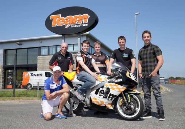 Dafabet Deviit and WH Racing rider Dominic Herbertson (far right) joins fellow riders Peter Hickman (far left) and Dean Harrison (second right), along with MCE Ulster Grand Prix Clerk of the Course (second left) and Team Air Powers William Quinn and Gary Quinn to announce the companys sponsorship of Saturdays 600 Supersport Race.