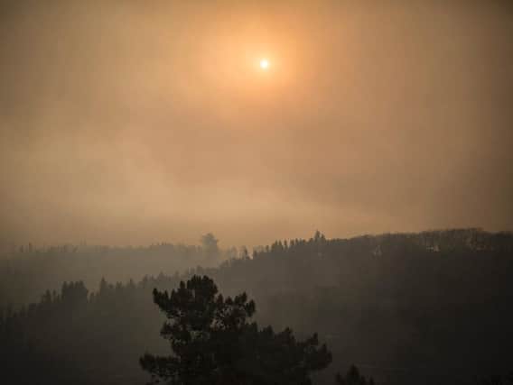Smoke surrounds the outskirts of the village of Monchique, in southern Portugal's Algarve region, Monday, Aug. 6, 2018