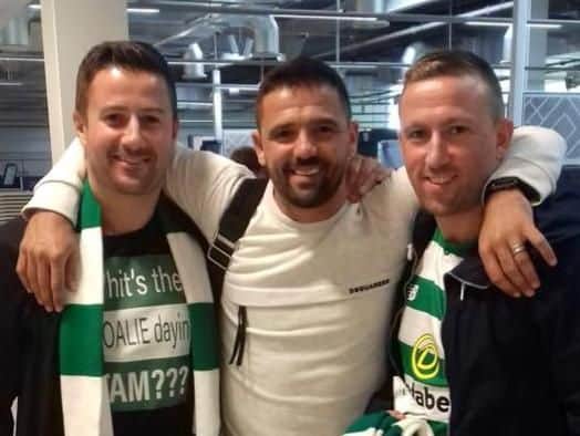 Ex-Rangers striker Nacho Novo pictured with two Celtic fans at the weekend. Pic: Nacho Novo / Facebook