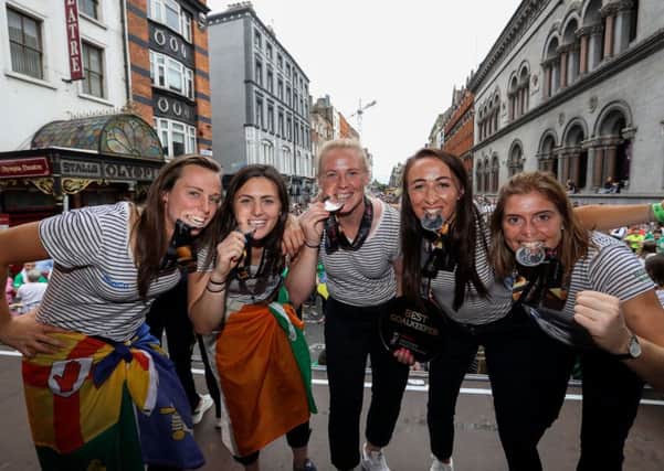 Megan Frazer, Roisin Upton, Ayeisha McFerran, Yvonne OByrne and Katie Mullan in Dublin during yesterdays homecoming celebrations to honour a landmark tournament for Ireland hockey. Pic by INPHO