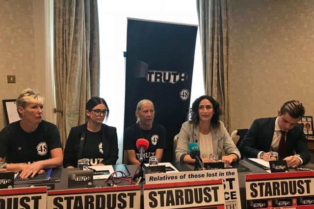 Members of the Stardust Justice Campaign, including Lisa Lawlor (second left) and Sinn Fein MEP Lynn Boylan (second right) at a press conference in Dublin.