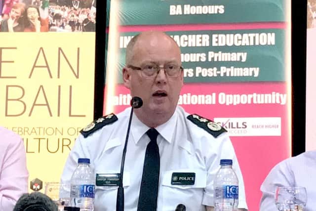 PSNI Chief Constable George Hamilton speaking at the Stuck In the Past event at the West Belfast festival at St Mary's University College. Photo: Rebecca Black/PA Wire