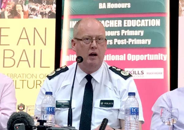 PSNI Chief Constable George Hamilton speaking at the Stuck In the Past event at the West Belfast festival at St Mary's University College. Photo: Rebecca Black/PA Wire