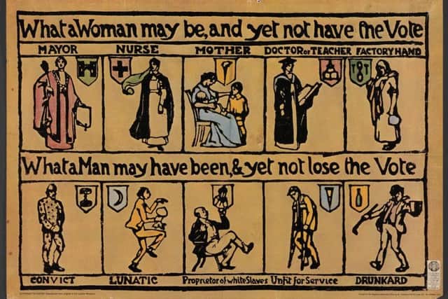 A pre-war suffrage poster illustrating the incongruity of voting laws