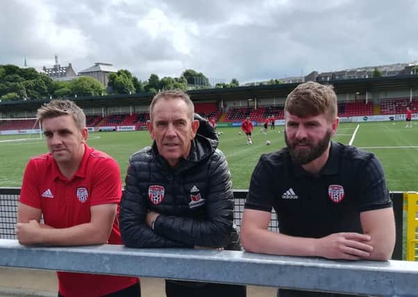 Derry City manager Kenny Shiels (centre) and Paddy McCourt, Head of Academy (left) welcome Mo Mahon the club's U13 assistant manager.