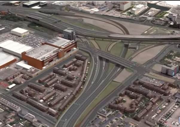 Image of the proposed York Street Interchange. The road coming up from the bottom of the graphic is the Westlink/M1. The road towards the top left of the graphic is the M2, and the bridge heading off towards the top right is the M3/Sydenham bypass