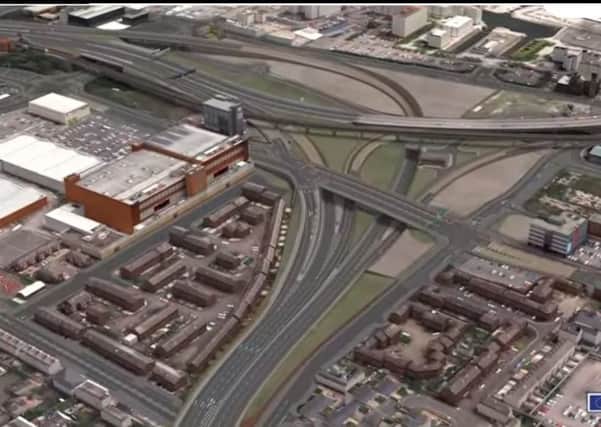 Image of the proposed York Street Interchange in Belfast, which is where the M2 (top left), Westlink/M1 (bottom) and M3/Sydenham Bypass meet. Plans to upgrade it have beend delayed by a legal case