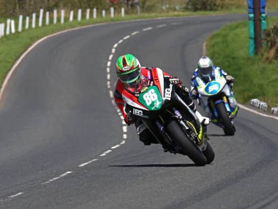 Derek McGee on the KMR Kawasaki Supertwin during qualifying for the Ulster Grand Prix.