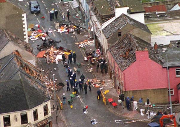 MoD photo dated 16/08/98 of an aerial view of the devastation caused in Omagh after a terrorist bomb was detonated at the junction of Market Street and Dublin Road