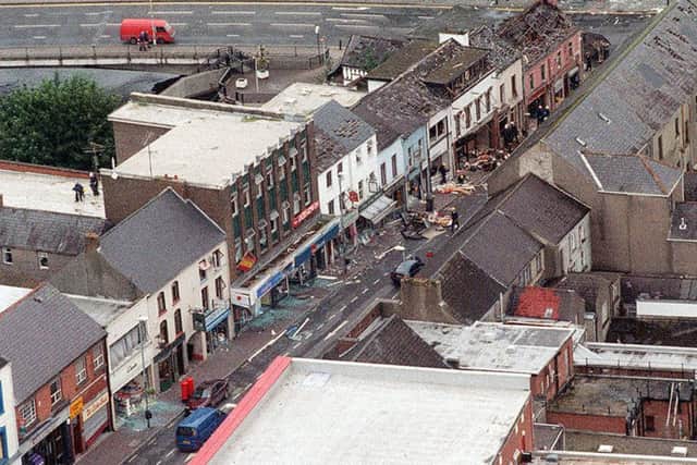 An aerial view of the devastation caused in Omagh after a terrorist bomb was detonated at the junction of Market Street and Dublin Road