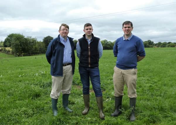Jason Rankin (AgriSearch), Andrew Clarke (Foyle Meats) and Francis Lively (AFBI) discussing the upcoming GrassCheck farm walk at Wayne Achesons farm.