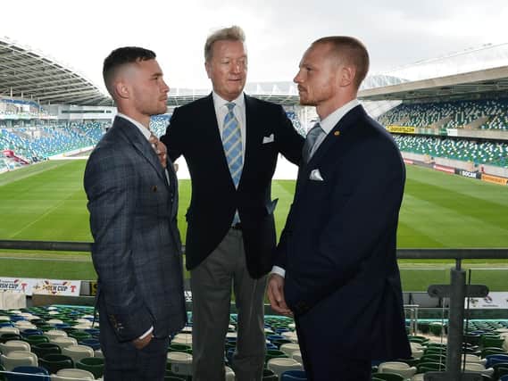 Carl Frampton (left) during a press conference at Windsor Park on Thursday, ahead of his fight with Luke Jackson (right) at Windsor Park on Saturday night. (Photo: Colm Lenaghan/ Pacemaker)