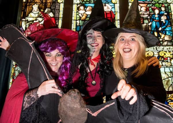 Karen Healy, Mairead Parke and Sinead Carlinthe who were among the hundreds of witches who descended on the Walls of Londonderry on Thursday evening. (Photo: Martin McKeown/Inpresspics.com)