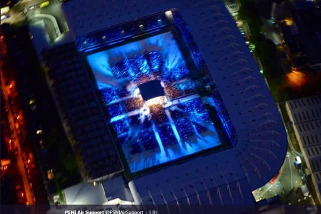 PSNI helicopter image of Windsor Park lit up for the boxing