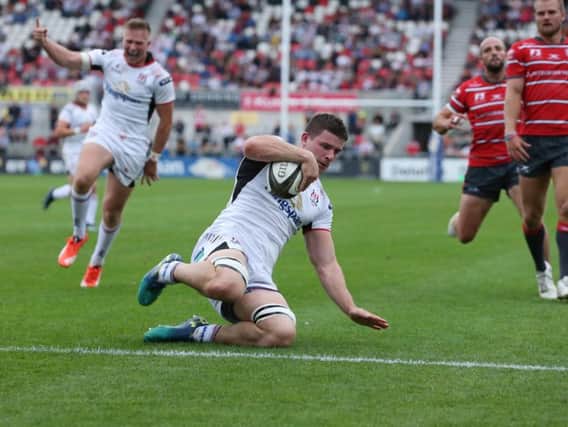 Nick Timoney goes over for a try for Ulster against Gloucester