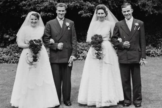 Brothers David and Victor Graham pictured with brides Florence and Ina on their wedding day 60 years ago.