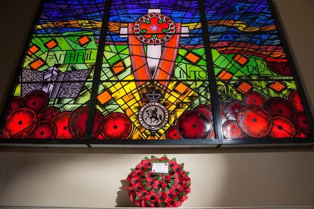 The memorial stained-glass window at Schomberg House paying tribute to the 336 members of the Orange Institution who lost their lives during the Troubles
