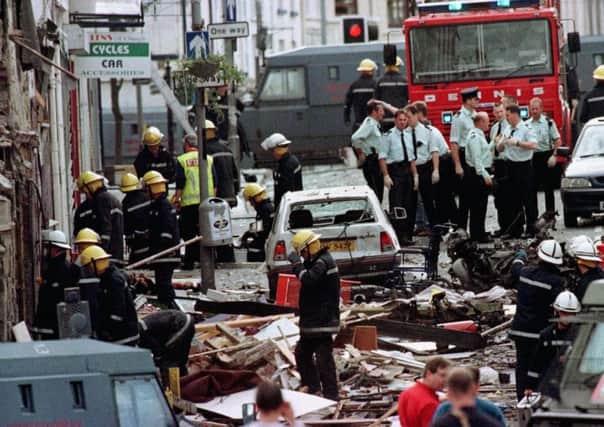 The aftermath of the 1998 Irish republican terrorist car bomb massacre in Omagh, in which 29 people were murdered (including a woman pregnant with twins)