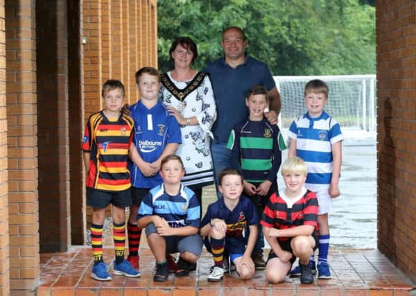 Pictured are Lord Mayor Julie Flaherty, Dr Rory Best OBE with members of mini rugby teams from Banbridge RFC, Dromore RFC, Lurgan RFC, Portadown RFC, and City of Armagh RFC, as well as rugby neighbours Dungannon RFC and Monaghan RFC, who will be taking part in the event. Pic: Kelvin Boyes- Press Eye.
