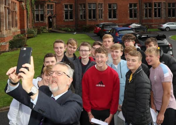 Pupils celebrate receiving their GCSE results at Campbell College. (Photo: Presseye)