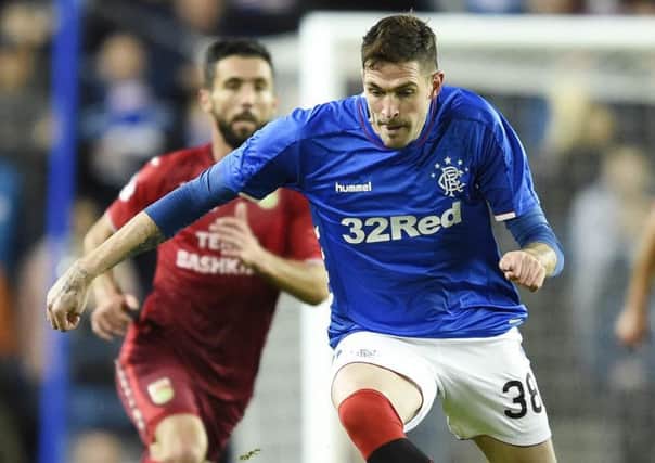 Rangers' Kyle Lafferty in action during the UEFA Europa League play-off, first leg match at Ibrox Stadium, Glasgow. PRESS ASSOCIATION Photo. Picture date: Thursday August 23, 2018. See PA story SOCCER Rangers. Photo credit should read: Ian Rutherford/PA Wire