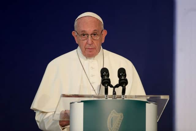 Pope Francis delivers a speech in St Patrick's Hall
at Dublin Castle, Dublin, as part of his visit to Ireland. Dr McMullen was in the audience and then at a reception attended by the pope. Photo: Yui Mok/PA Wire