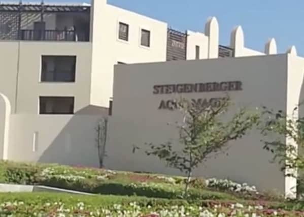 This Friday, Aug. 24, 2018 photo taken from video shows the exterior of the Steigenberger Aqua Magic Hotel in Hurghada, Egypt.  (AP Photo/APTN)