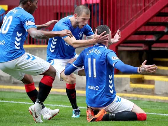 Kyle Lafferty celebrates scoring the first goal for Rangers in the 3-3 draw with Motherwell