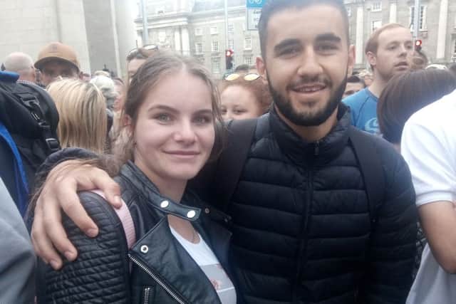 Linda Memia, 18, Grlino Zhana, 21, a Muslim couple from Albania on College Green in Dublin for the papal visit. Picture by Ben Lowry