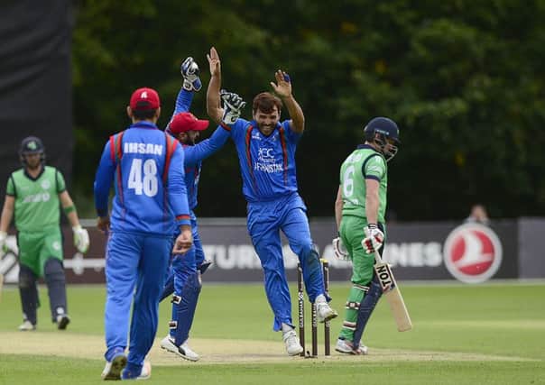 Afghanistan players celebrating after tacking an Irish wicket during their ODI win on Monday