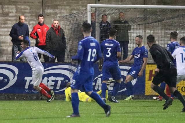 Limavady's Ryan Doherty scores against Dungannon Swifts