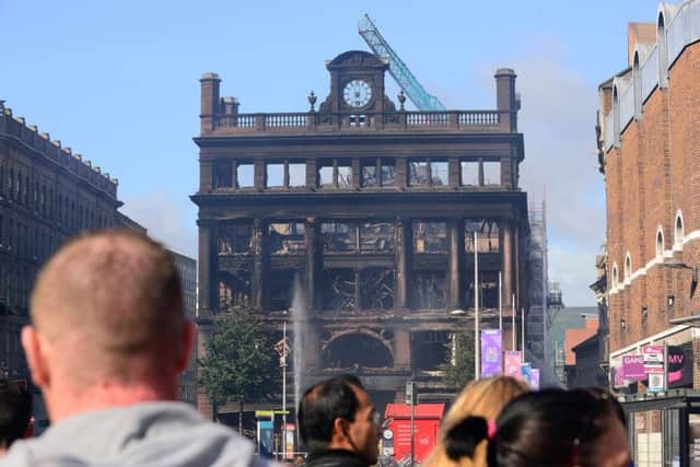 After the fire: Bank Buildings in Belfast city centre is now a burned out shell. 
Photo Arthur Allison/Pacemaker Press