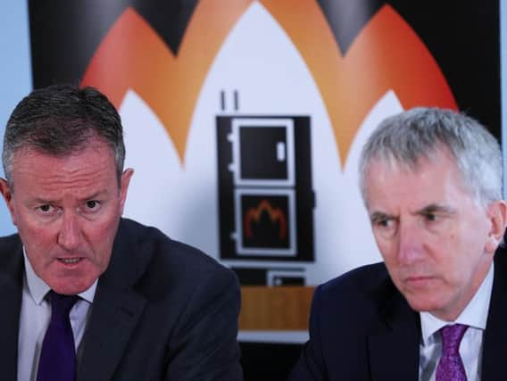 Sinn Fein's Conor Murphy (left) and Martin O Muilleoir at a press conference to publish the party's response to a public consultation on the future of the RHI scheme