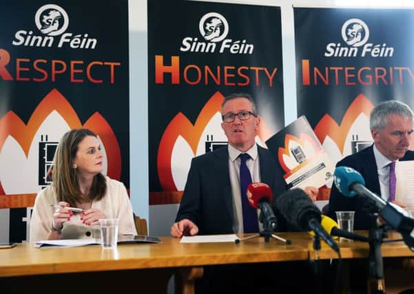 Sinn Fein's Conor Murphy (centre), Caoimhe Archibald and Martin O Muilleoir at a press conference to publish the party's RHI plan. Photo: Brian Lawless/PA Wire