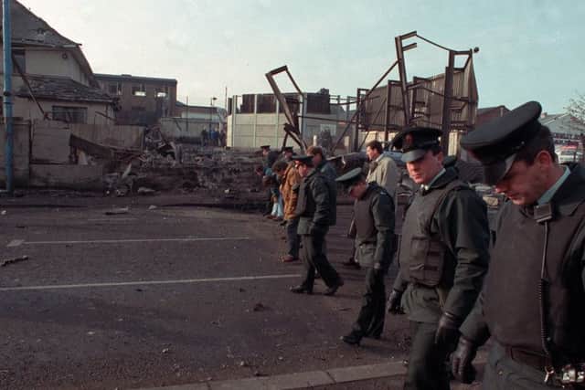 RUC officers pictured after an IRA attack on Glengormley RUC Station in 1992