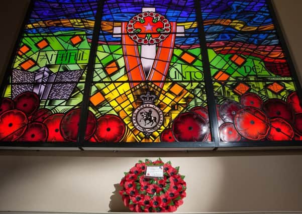 The murdered brethren memorial stained-glass window at Schomberg House in east Belfast, paying tribute to the 336 members killed by terrorists