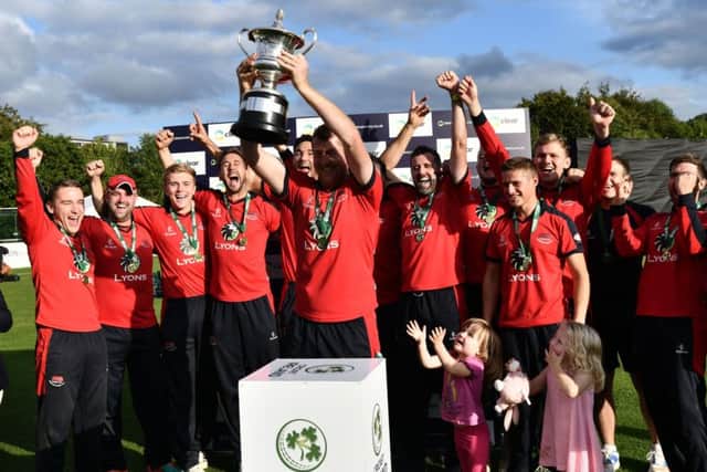 Waringstown celebrate winning the Clear Currency Irish Senior Cup