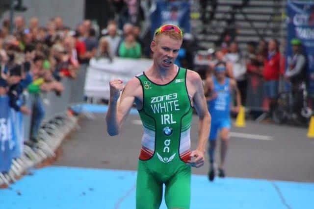 Banbridge triathlete Russell White crosses the finishing line in second place at thethe ITU World Cup race at Karlovy Vary in the Czech Republic on Sunday.