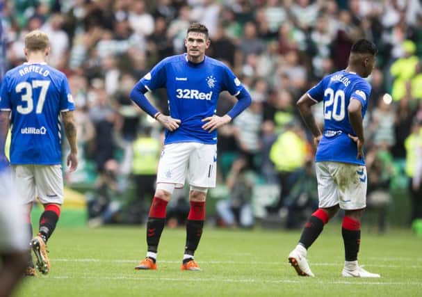Rangers Alfredo Morelos (right), Kyle Laferty (centre) and Scott Arfield. Jeff Holmes/PA Wire.