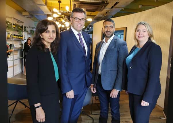 Secretary of State Karen Bradley, right, pictured with, from left, Anita Chandraker, PA Consulting, Invest NI CEO Alastair Hamilton and Jiten Kachhela, digital lead of PA Consultancy Group at their Belfast offices