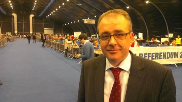 Lee Reynolds, DUP councillor and Leave campaigner, at the EU referendum count at Titanic Centre in Belfast. By Ben Lowry June 23 2016