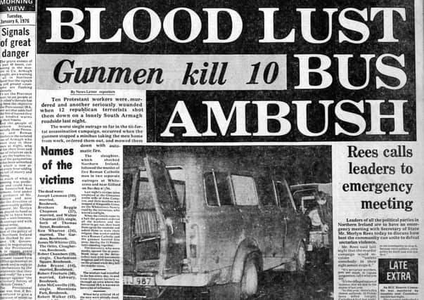 Front Page of The News Letter on Tuesday, January 6, 1976.
The bullet riddled minibus in which the murdered workers were travelling stands at the side of the lonely country road where the massacre occurred at Kingsmill outside Whitecross. Ten Protestant work men were shot dead by the Provisional IRA.