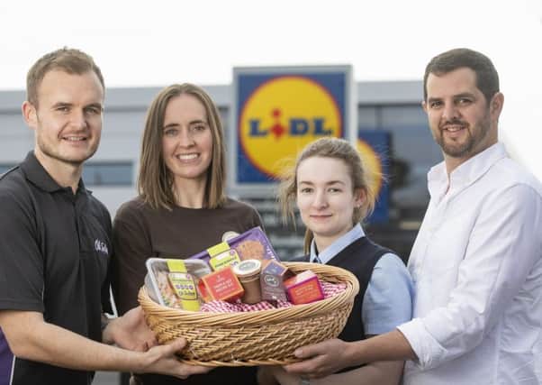 Connor Morgan of Oh So Lean with Tara Mullan, Refuge Hot Chocolate, Lidl deputy store manager Rebecca ONeill and Joel Kerr, Curious Farmer
