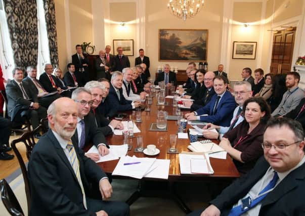 The tail end of talks on December 23 2014 at Stormont House, with politicians including Stephen Farry of Alliance, bottom right. The talks culminated in an agreement which set the template for the current proposed legacy structures. If the agreement is unpicked, no alternative system will be negotiated, Mr Farry says. Picture: Kelvin Boyes / Press Eye
