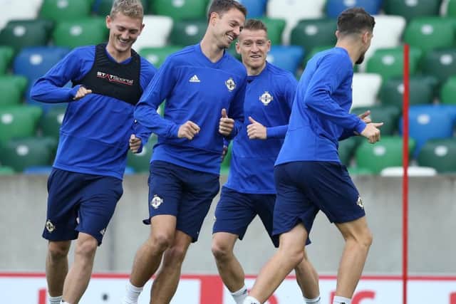 Northern Irelands Jonny Evans and George Salville training ahead of  todays  UEFA Nations League match against Bosnia and Herzegovina