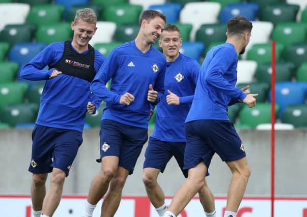 Northern Irelands Jonny Evans and George Salville training ahead of  todays  UEFA Nations League match against Bosnia and Herzegovina