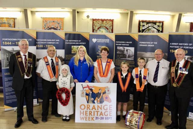 Left to Right in the photo is William McClean (Apprentice Boys of Derry Portadown Branch Club), George Laverty (LOL 417), Rhianna Hobson (Carleton Street Heritage Centre Living History Volunteer), Lisa Partridge (Project Officer Portadown Heritage Tours), Shirley Branyan (District Mistress of Portadown WLOL No.3), Caitlynn Laverty ( Daughters of Laura JWLOL), Jonathan Power ( Paramount Junior LOL 150), Alex McCausland (Portadown Heritage Tours Guide) and Bill Partridge (Portadown Ex Servicemens RBP 326)