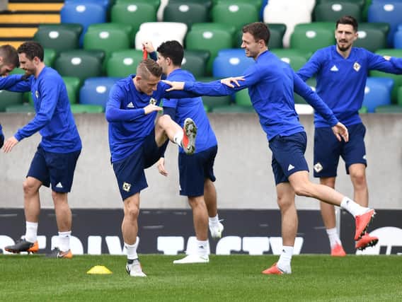 Northern Ireland players training at the National Football Stadium at Windsor Park ahead of their Nations League clash with Bosnia